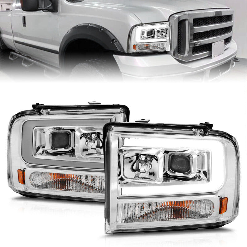 ANZO 111552 ANZO 99-04 Ford F250/F350/F450/Excursion (excl 99) Projector Headlights - w/Light Bar Chrome Housing