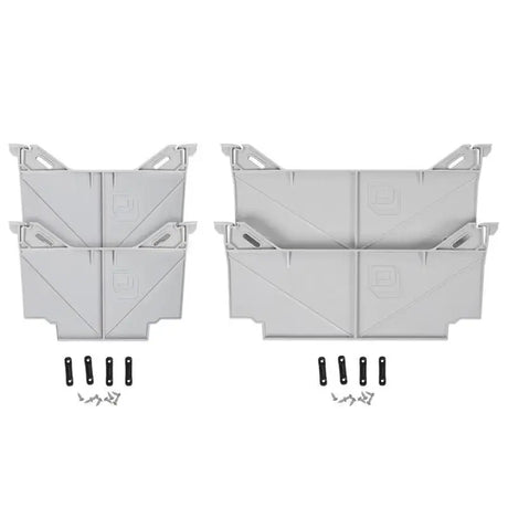 Gray plastic storage bins with locking tab drawers and mounting hardware for organization