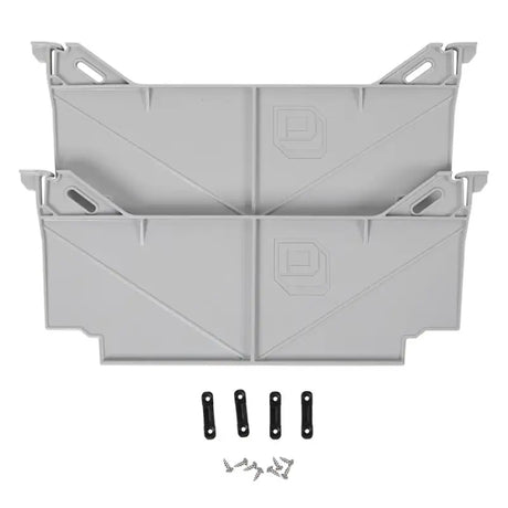 Two gray plastic trays with locking tab hardware for wide drawer dividers