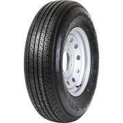 Taskmaster St235/80R16 10 Ply Diamondback trailer tire with white wheel, high-strength construction for heavy-duty use, featuring Diamondback tread for enhanced traction and durability.