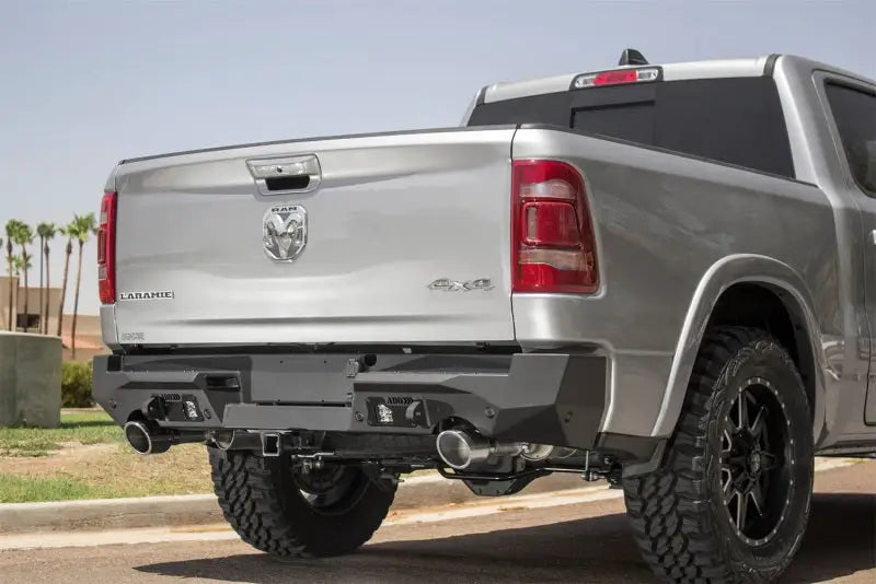 Silver pickup truck with Addictive Desert Designs Hammer Stealth Fighter rear bumper
