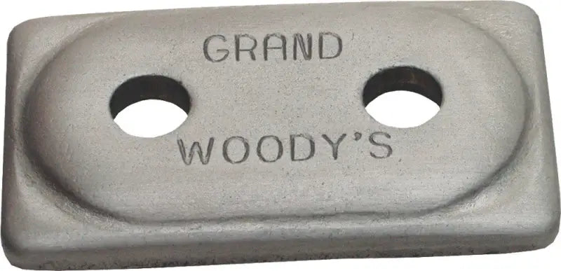 Gray metal plate with holes and embossed GRAND WOODY’S for Double Grand Digger support