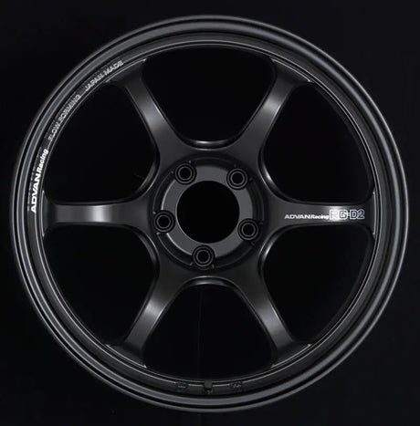 Black six-spoke car wheel in semi gloss black finish for the Advan RG-D2 15x7.0