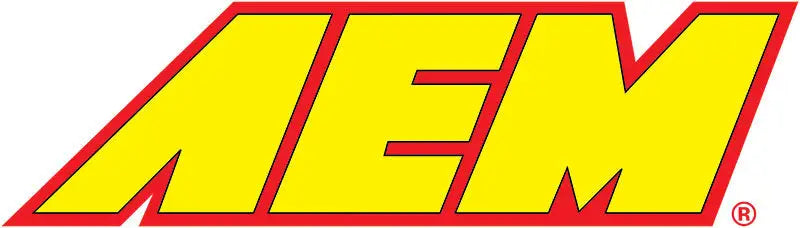 Yellow and red AEM logo on a diameter aluminum 36in straight pipe tube