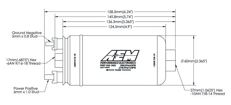 AEM 380LPH High Pressure Fuel Pump with -6AN Female Out and -10AN Female In product schematic and dimensions.