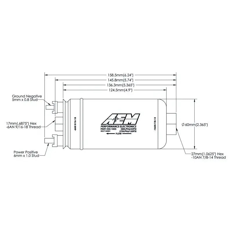 AEM 380LPH High Pressure Fuel Pump with -6AN Female Out and -10AN Female In product schematic and dimensions.