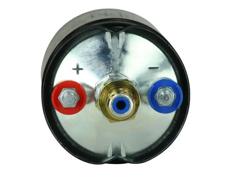 AEM 400LPH High Pressure Inline Fuel Pump with M18x1.5 Female Inlet and M12x1.5 Male Outlet showing connections and terminals.