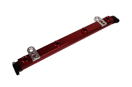 Red billet fuel rail with silver brackets from Aeromotive Evo fuel rail kit