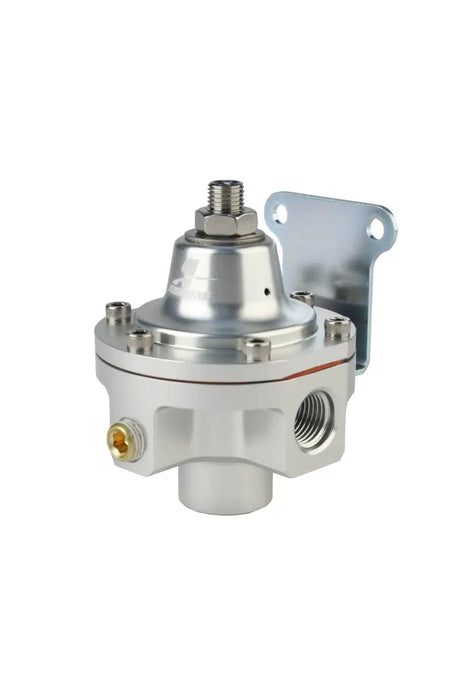 Silver fuel pressure regulator with mounting bracket for Aeromotive 3-Port Carbureted Bypass Regulator
