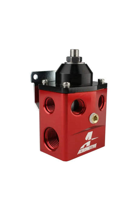 Red and black Aeromotive A4 carbureted regulator with male flare fittings for fuel control