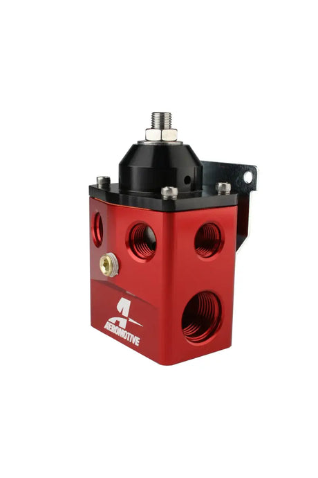Red and black Aeromotive A4 Carbureted Regulator with male flare fittings