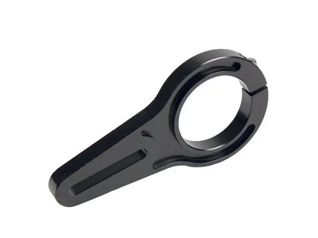 Black metal clamp with elongated arm shown on Aeromotive Billet Straight Bracket for Belt Drive Pumps