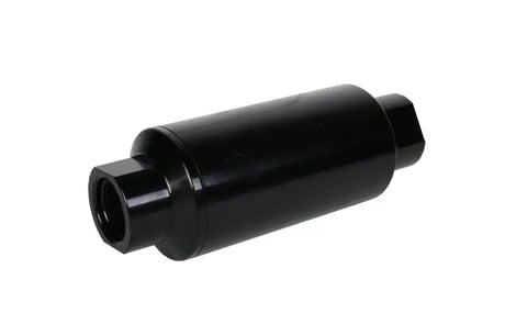 Aeromotive in-line filter 10AN with 10 micron microglass element in bright-dip black, aircraft-grade billet aluminum.