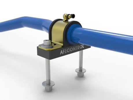 Blue sway bar with gold and black clamp, part of aFe VW GTI sway bar set