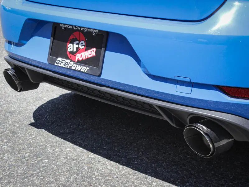 Blue car’s rear with dual exhaust showcasing aFe Mach Force-Xp axle-back exhaust for VW Gti