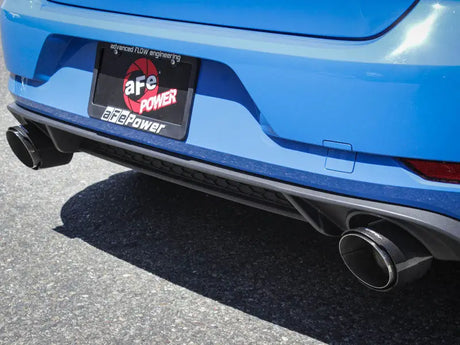 Blue car’s rear with dual exhaust showcasing aFe Mach Force-Xp axle-back exhaust for VW Gti
