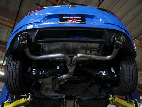 Blue car with aFe Mach Force-Xp axle-back exhaust system for Volkswagen GTI