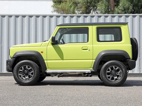 Lime green Suzuki Jimny with aFe Takeda cat-back exhaust for Suzuki Jimny fans