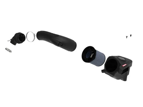Exploded view of aFe Takeda Momentum Cold Air Intake System with blue filter for Hyundai Kona