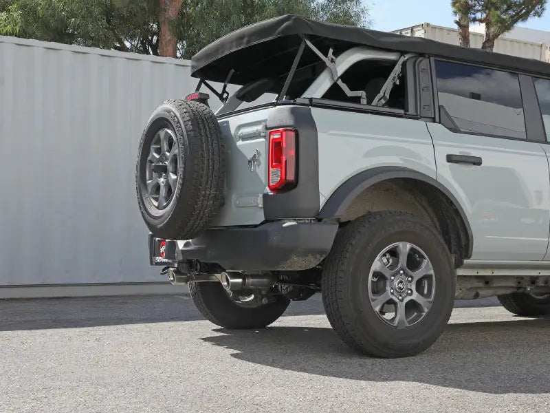 Gray Ford Bronco with spare tire featuring aFe Vulcan Cat-Back exhaust system
