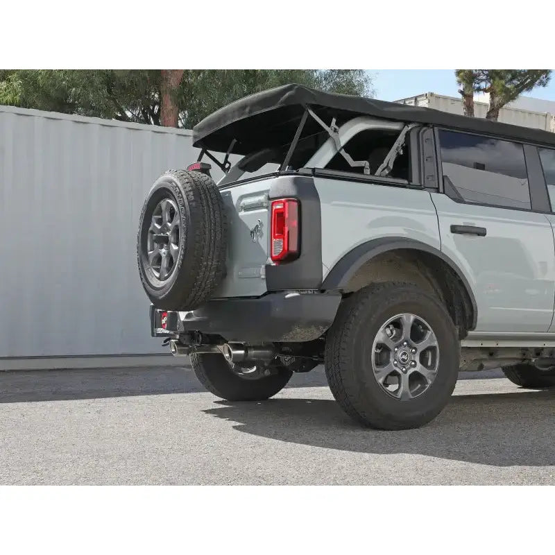 Gray Ford Bronco with spare tire featuring aFe Vulcan Cat-Back exhaust system