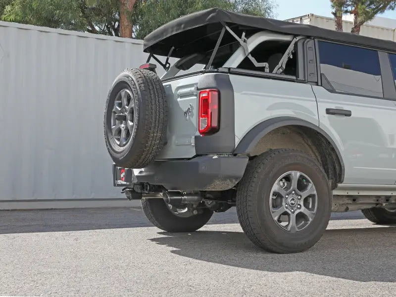 Gray Ford Bronco with spare tire showcasing aFe Vulcan Cat-Back stainless steel exhaust