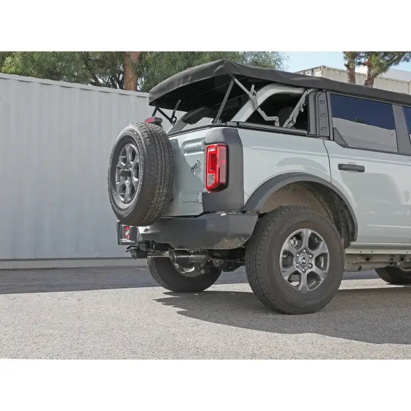 Gray Ford Bronco with spare tire showcasing aFe Vulcan Cat-Back stainless steel exhaust