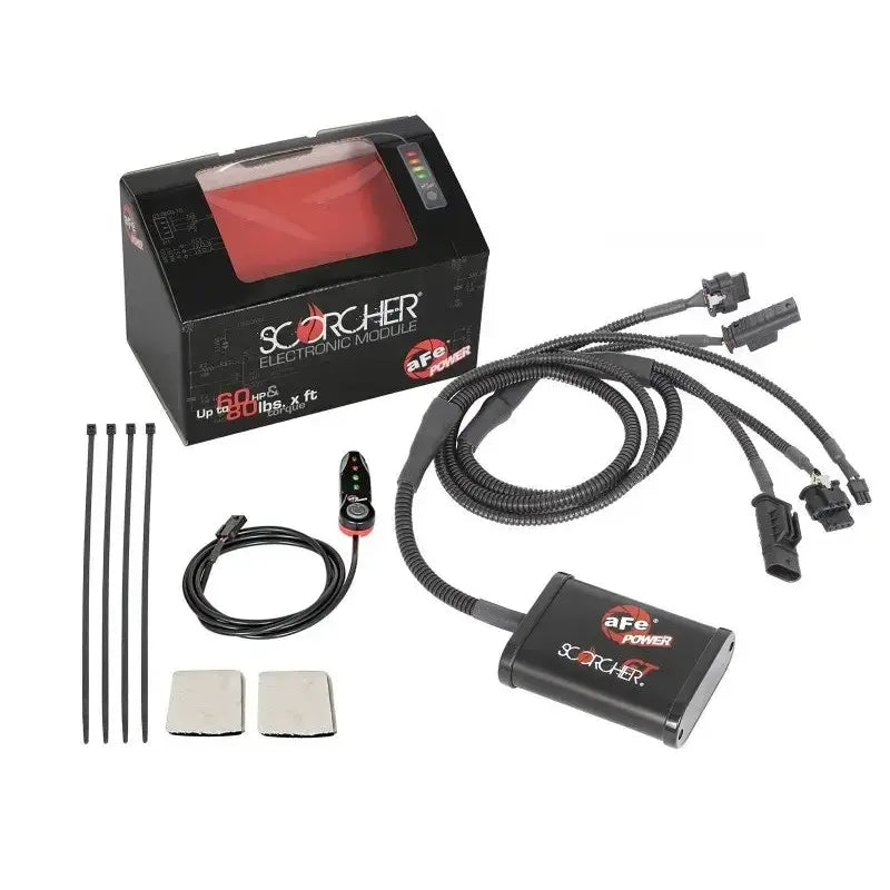 Black electronic module with wiring harness for aFe Scorcher GT Power on Ford Bronco and Ranger