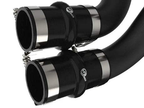 Black rubber hoses with metal clamps on aFe BladeRunner 2.5in Aluminum Hot Charge Pipe