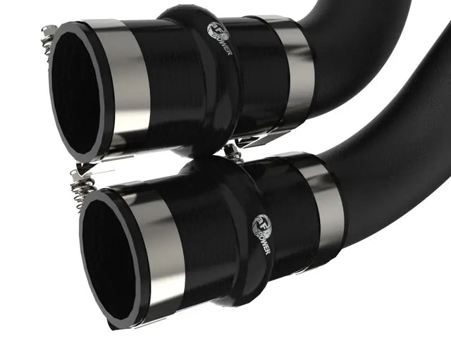 Black rubber hoses with metal clamps on aFe BladeRunner 2.5in Aluminum Hot Charge Pipe