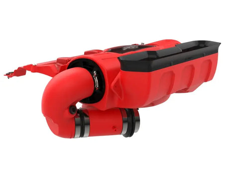 aFe Momentum GT Intake System for 21-23 Dodge RAM 1500 TRX V8-6.2L in vibrant red with Pro 5R media filter, featuring innovative filter-to-housing interface and sleek, heat-resistant XLPE construction.