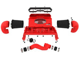 aFe Momentum GT Intake System components for 21-23 Dodge RAM 1500 TRX V8-6.2L in red, featuring a streamlined design with Pro 5R air filters, heat-resistant XLPE housing, and stainless-steel T-bolt clamps for easy installation and enhanced performance.