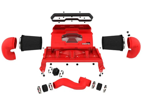 aFe Momentum GT Intake System components for 21-23 Dodge RAM 1500 TRX V8-6.2L in red, featuring a streamlined design with Pro 5R air filters, heat-resistant XLPE housing, and stainless-steel T-bolt clamps for easy installation and enhanced performance.