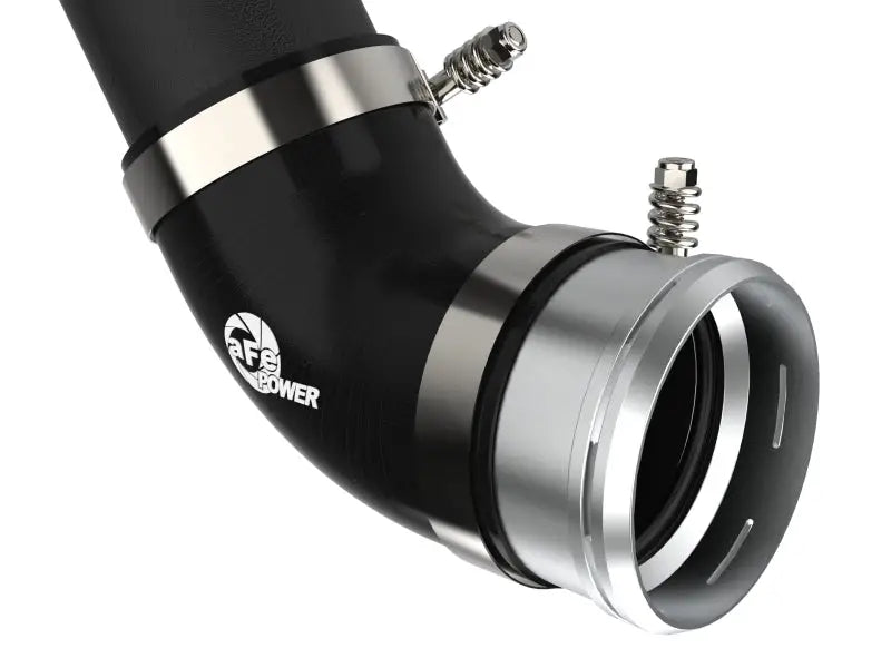 Black rubber hose with metal clamps on aFe BladeRunner Cold Charge Pipe for Ford F-150