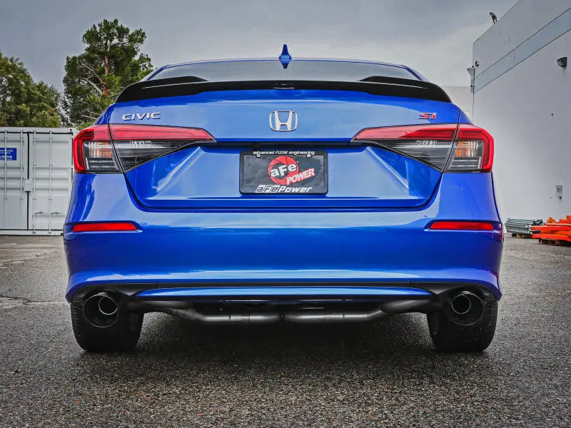 Blue Honda Civic Si rear view with AFE Takeda cat-back exhaust setup