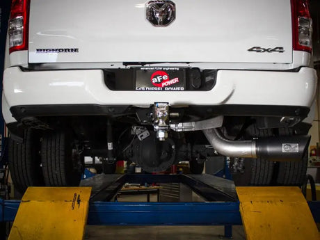 White pickup truck rear showing afe atlas 5in DPF-back exhaust on ram diesel truck