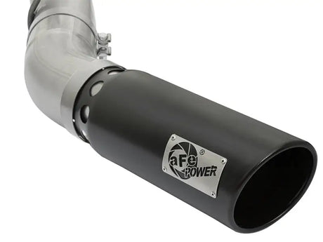 Black exhaust tip on aFe ATLAS aluminized steel exhaust system for GM Diesel Trucks