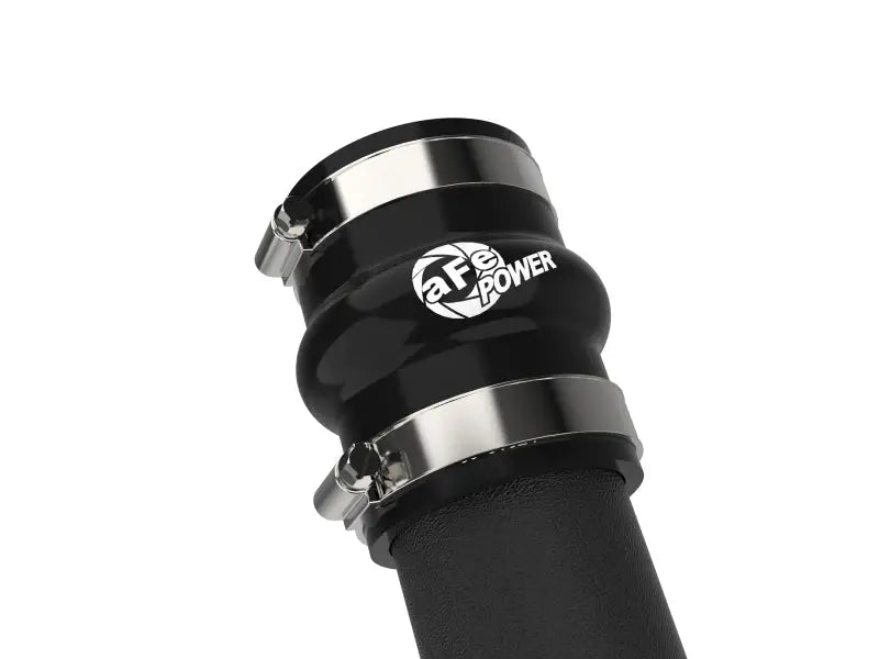 Black rubber hose with metal clamps on aFe BladeRunner 2-1/2 inch aluminum hot charge pipe for Subaru WRX
