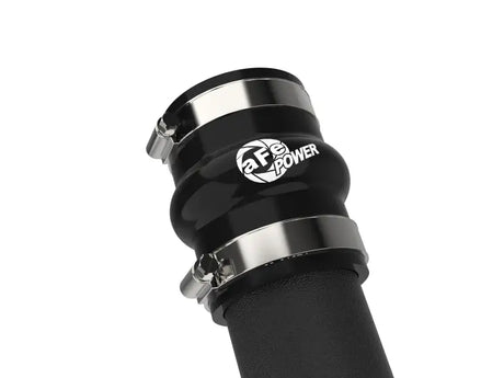 Black rubber hose with metal clamps on aFe BladeRunner 2-1/2 inch aluminum hot charge pipe for Subaru WRX