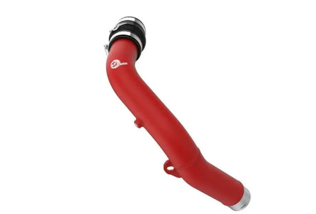 Red metal charge pipe with hose clamp for Subaru WRX AFE BladeRunner hot charge pipe