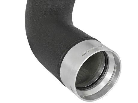Black metal intercooler tube with silver collar for aFe BladeRunner 3in Diesel trucks