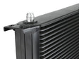 Black transmission cooler with silver fitting from aFe Bladerunner oil cooler kit for Silverado