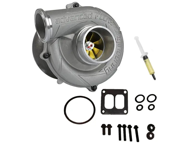 Silver AFE BladeRunner GT Series Turbocharger with installation hardware for 94-97 Ford 7.3L