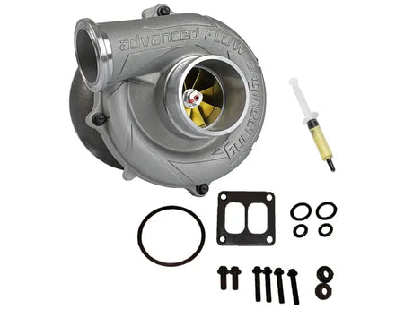 Silver AFE BladeRunner GT Series Turbocharger with installation hardware for 94-97 Ford 7.3L