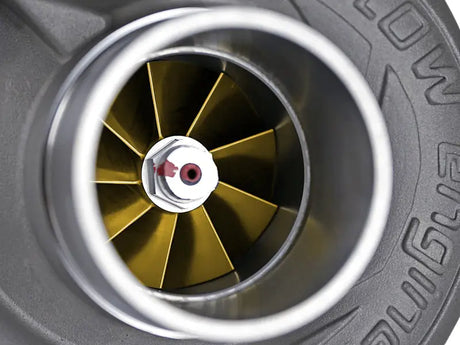Turbocharger impeller with gold blades from aFe BladeRunner GT Series turbo series for Ford 7.3L