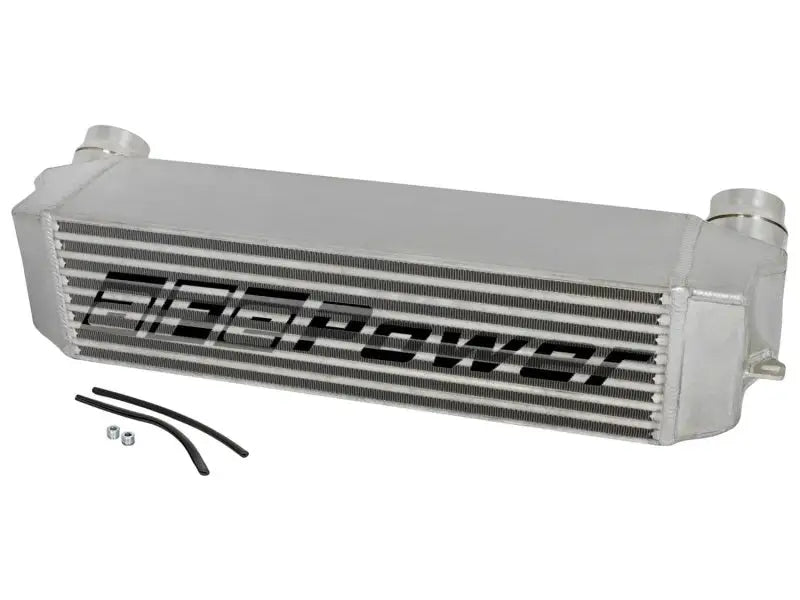 Silver intercooler with black lettering for afe bladerunner intercooler tube cold side