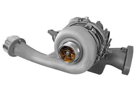 Gray turbocharger with golden impeller from aFe BladeRunner Street Series Turbocharger for Ford Diesel Trucks 08-10 V8-6.4L