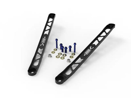 Black metal suspension strut brace with blue bolts for Toyota GR Supra A90 20-21