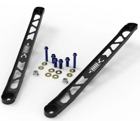 Black metal suspension arms with blue bolts for Toyota GR Supra strut brace upgrade