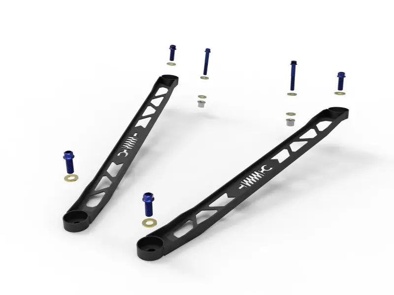 Black metal suspension strut brace with blue bolts for Toyota GR Supra A90 suspension